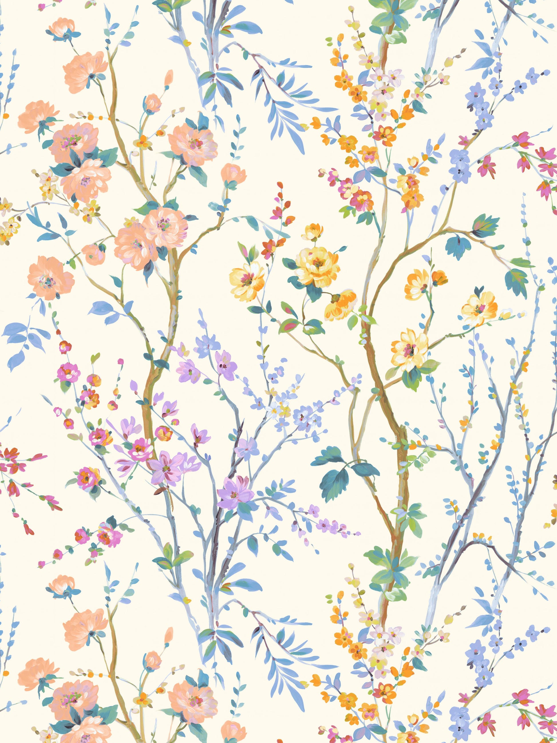 Pastel watercolor floral wallpaper with pink, peach, yellow and lavender blossoms and green vines on cream background.