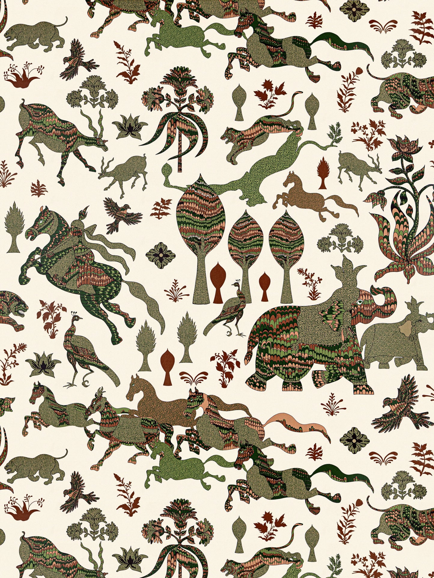 Cream fabric with a repeating vintage dinosaur and foliage print in green, brown and rust.