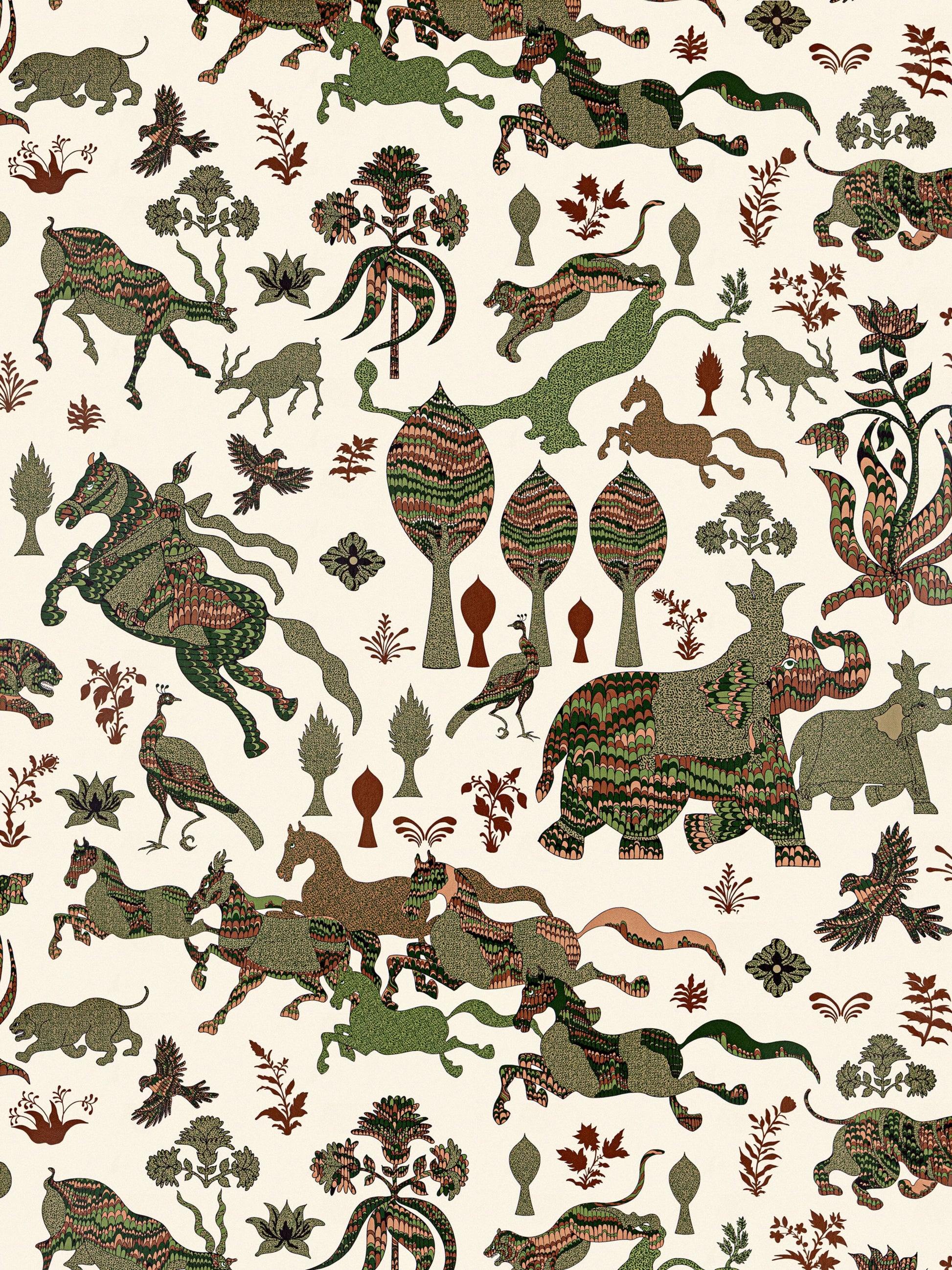 Cream fabric with a repeating vintage dinosaur and foliage print in green, brown and rust.