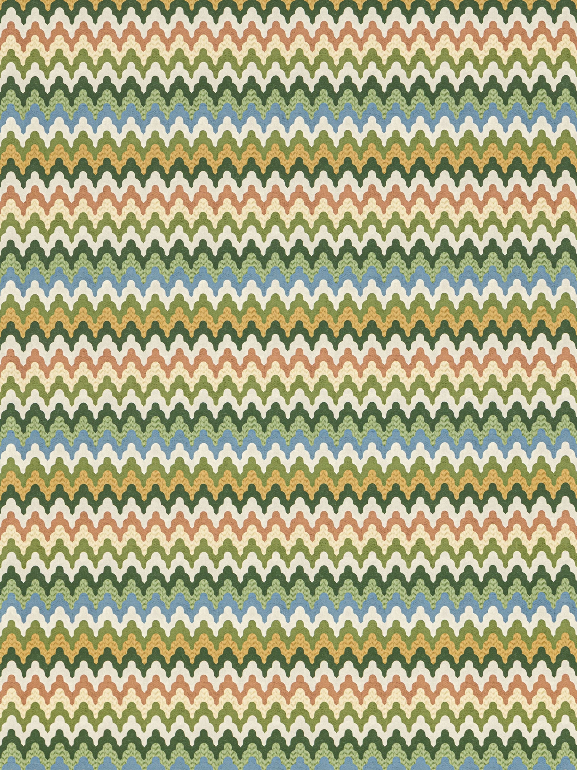Woven chevron pattern with orange, olive, teal, cream and blue zigzags repeating across.