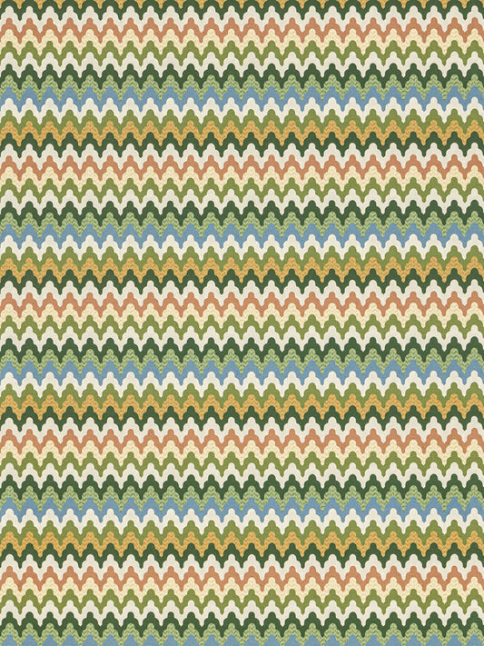 Woven chevron pattern with orange, olive, teal, cream and blue zigzags repeating across.
