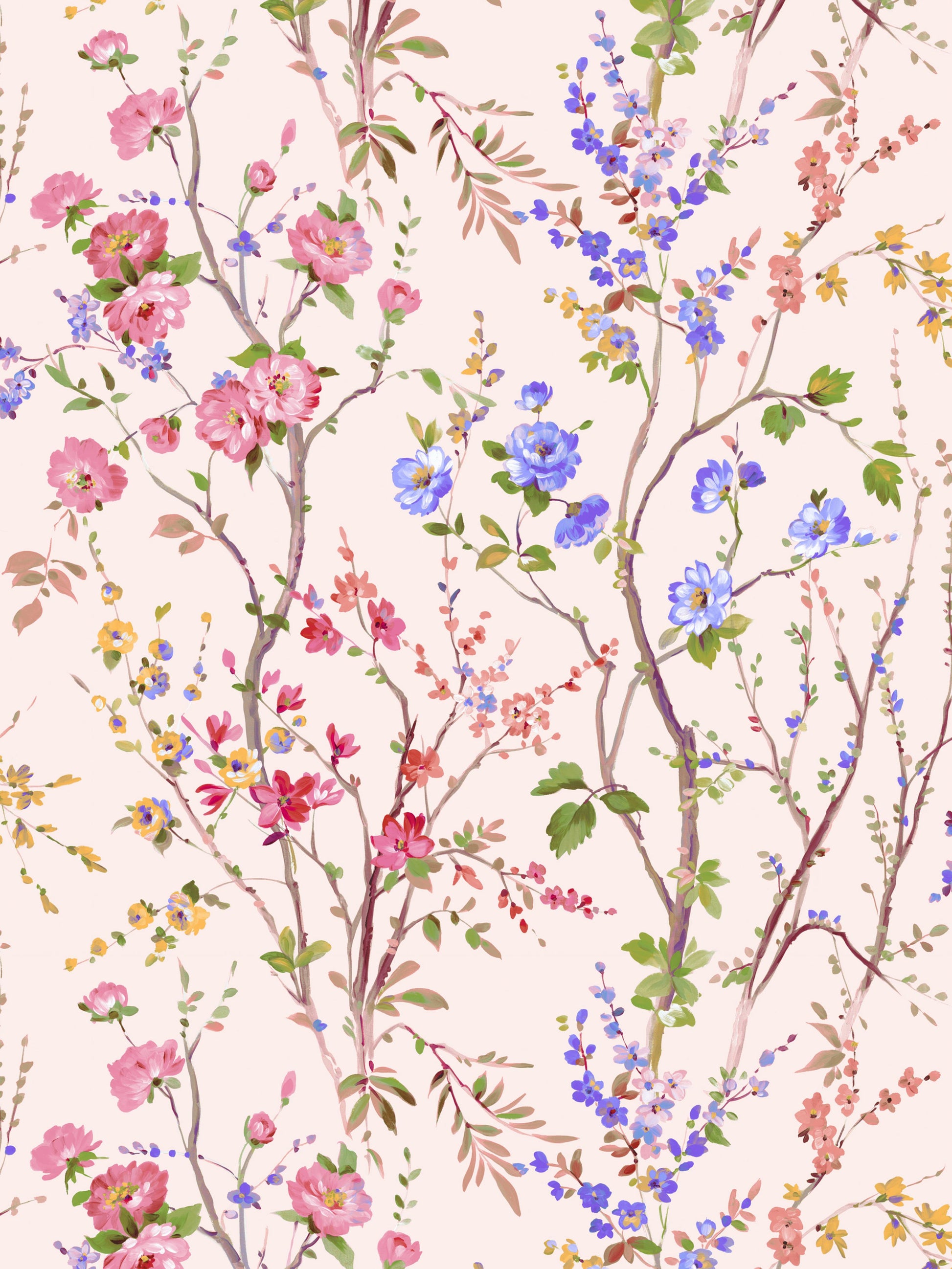 Floral wallpaper pattern with pink, purple, and blue blossoms on slender branches against a cream background.