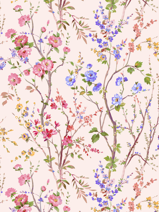 Floral wallpaper pattern with pink, purple, and blue blossoms on slender branches against a cream background.