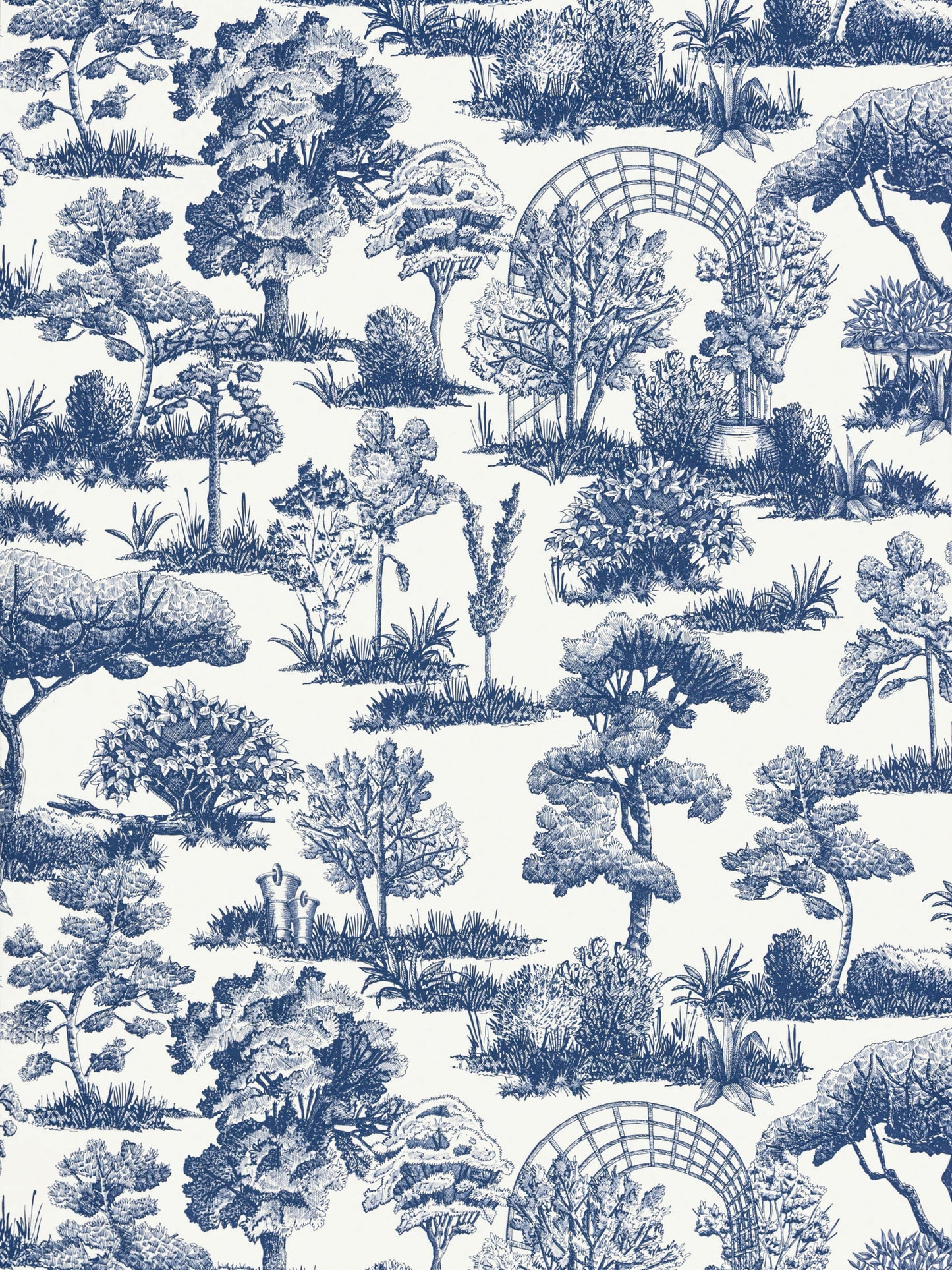 Blue and white toile garden pattern with trees, shrubs, and lattice arches.