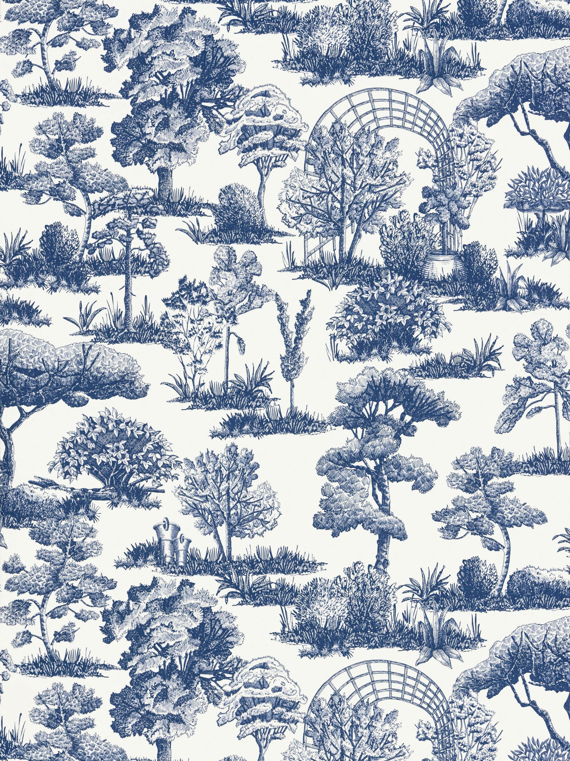 Blue and white toile garden pattern with trees, shrubs, and lattice arches.