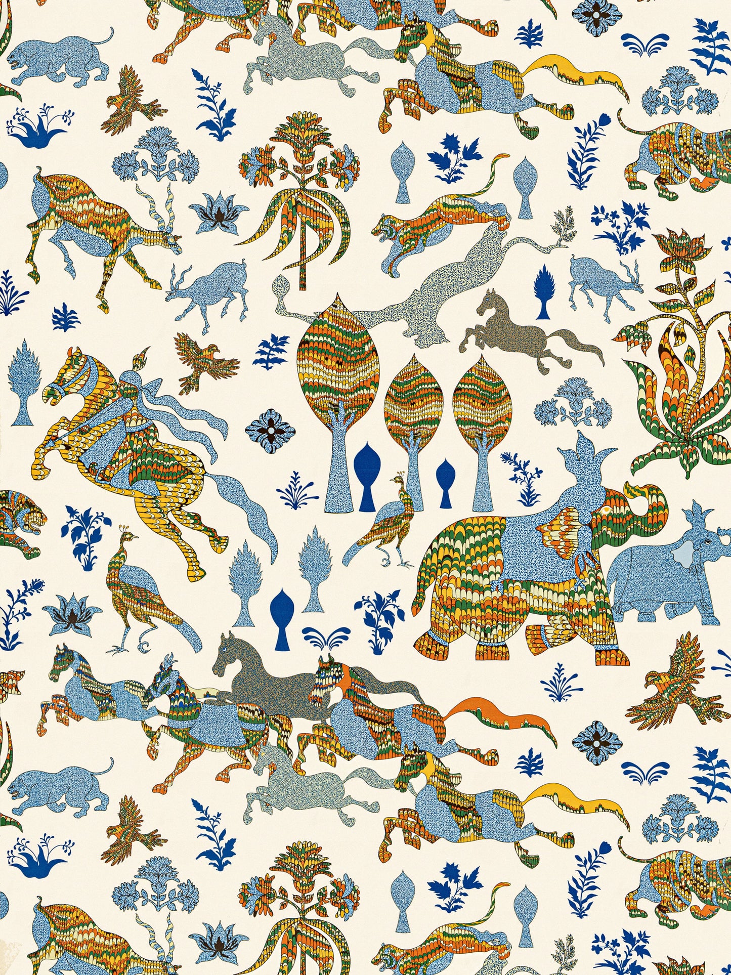 Colorful, intricate textile pattern featuring elephants, horses, birds and botanical motifs in blue, orange, green on cream.