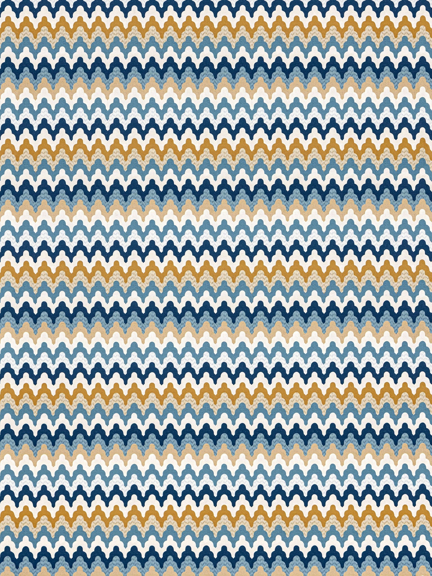 Scalloped chevron knit fabric in navy, white, light blue, gray and tan; versatile textile for clothing or home decor.