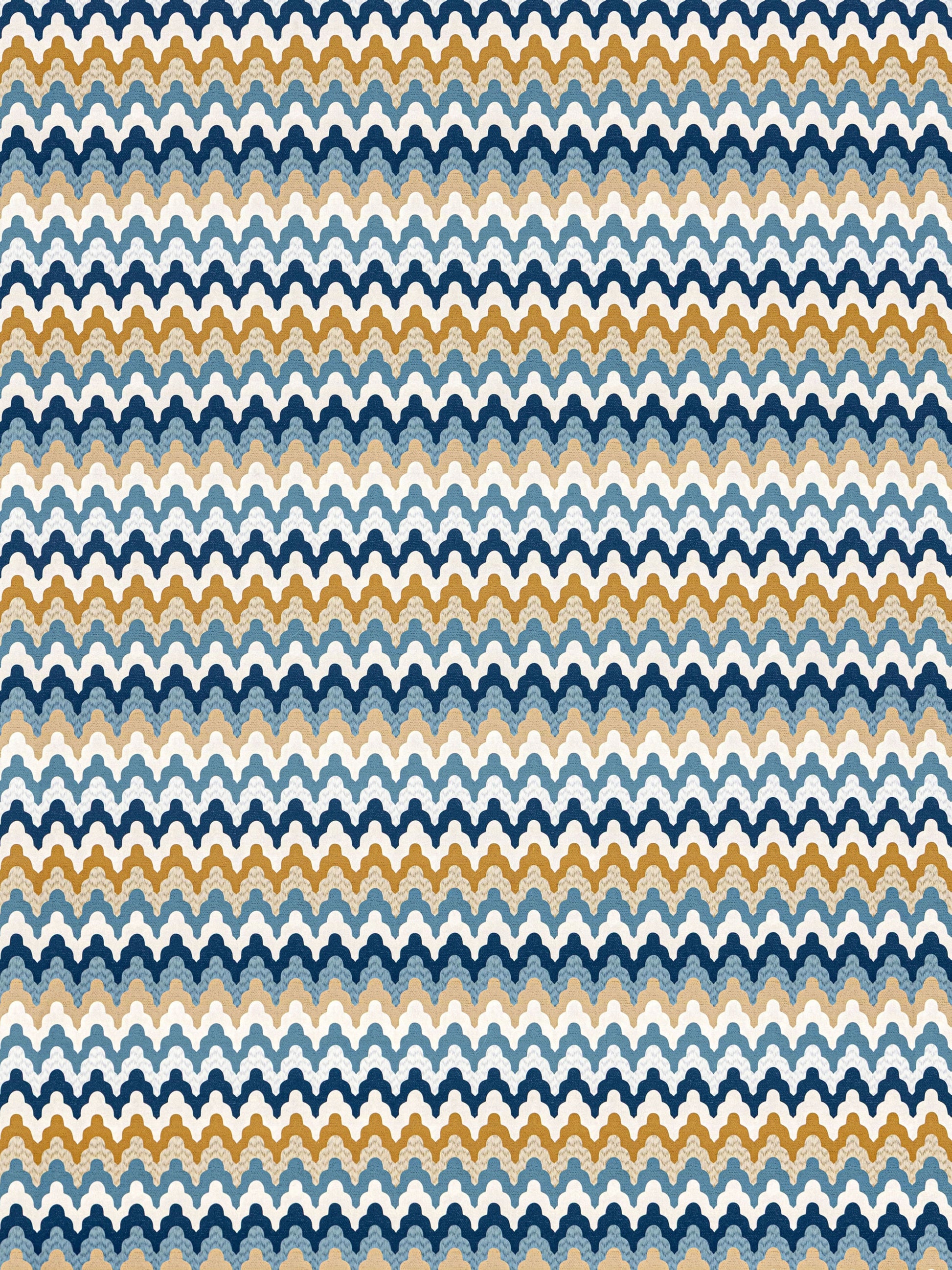 Scalloped chevron knit fabric in navy, white, light blue, gray and tan; versatile textile for clothing or home decor.