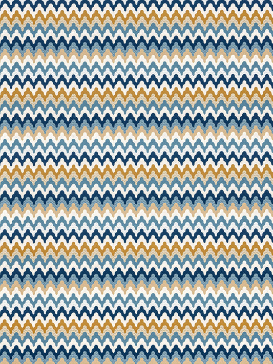Scalloped chevron knit fabric in navy, white, light blue, gray and tan; versatile textile for clothing or home decor.
