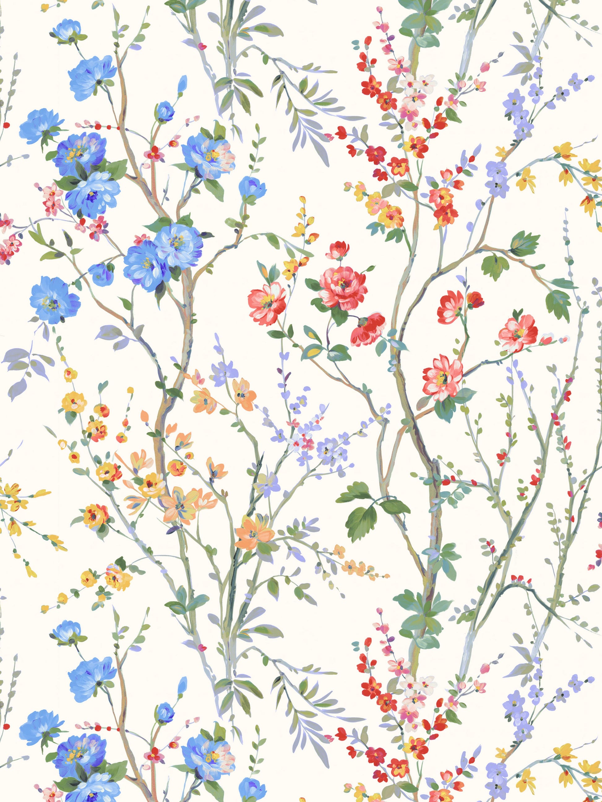 Floral botanical print fabric with blue, pink, red, orange & purple blossoms on cream background.