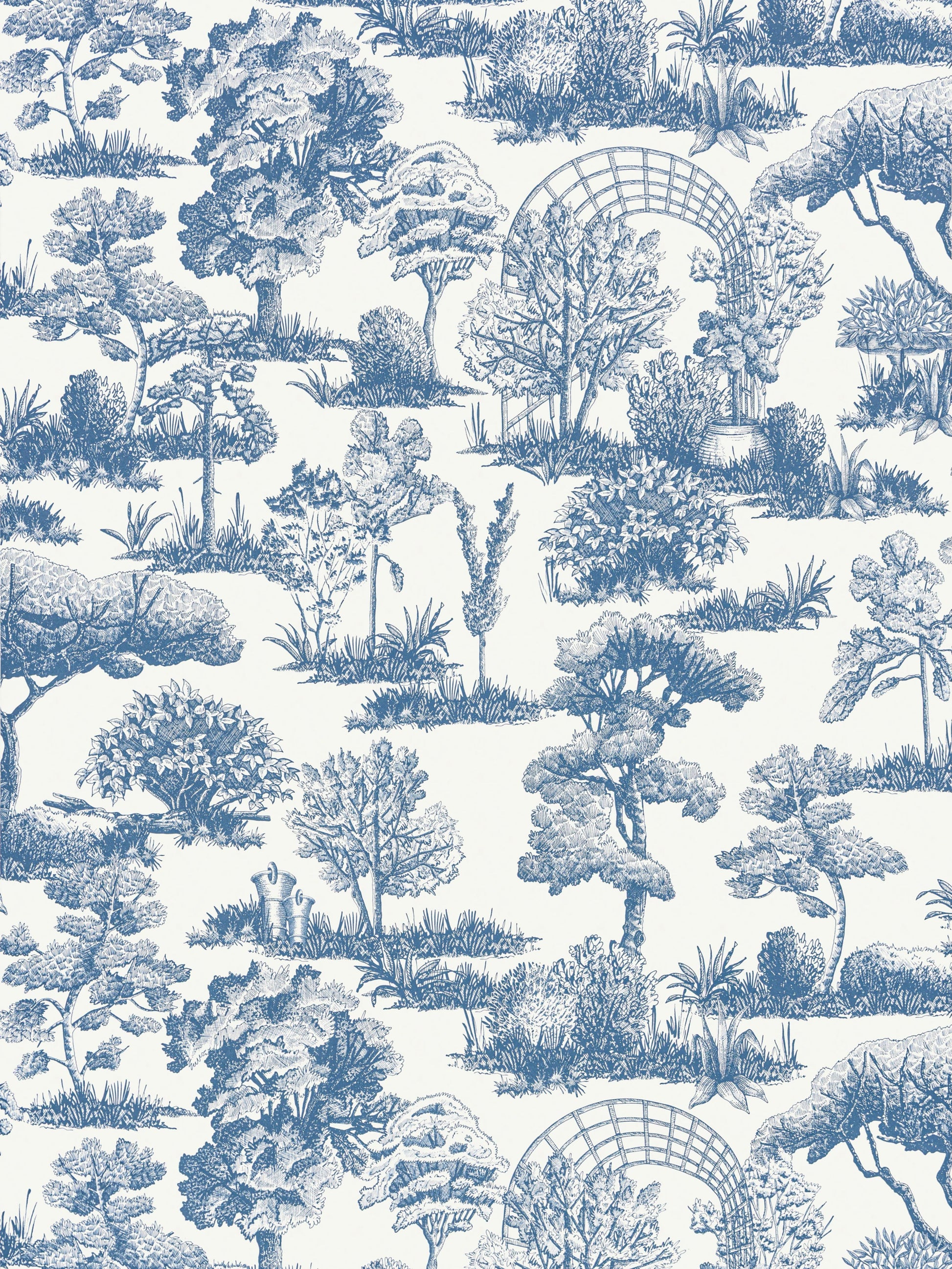 Blue and white toile wallpaper pattern with trees, shrubs and garden arches for home decor.