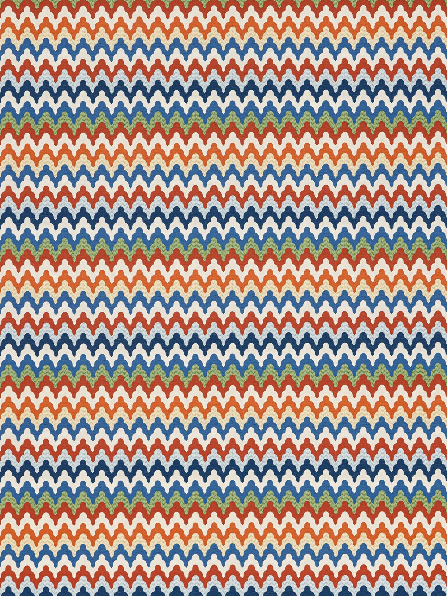 Repeating scalloped chevron pattern in orange, navy, light blue, white & olive green on wallpaper.