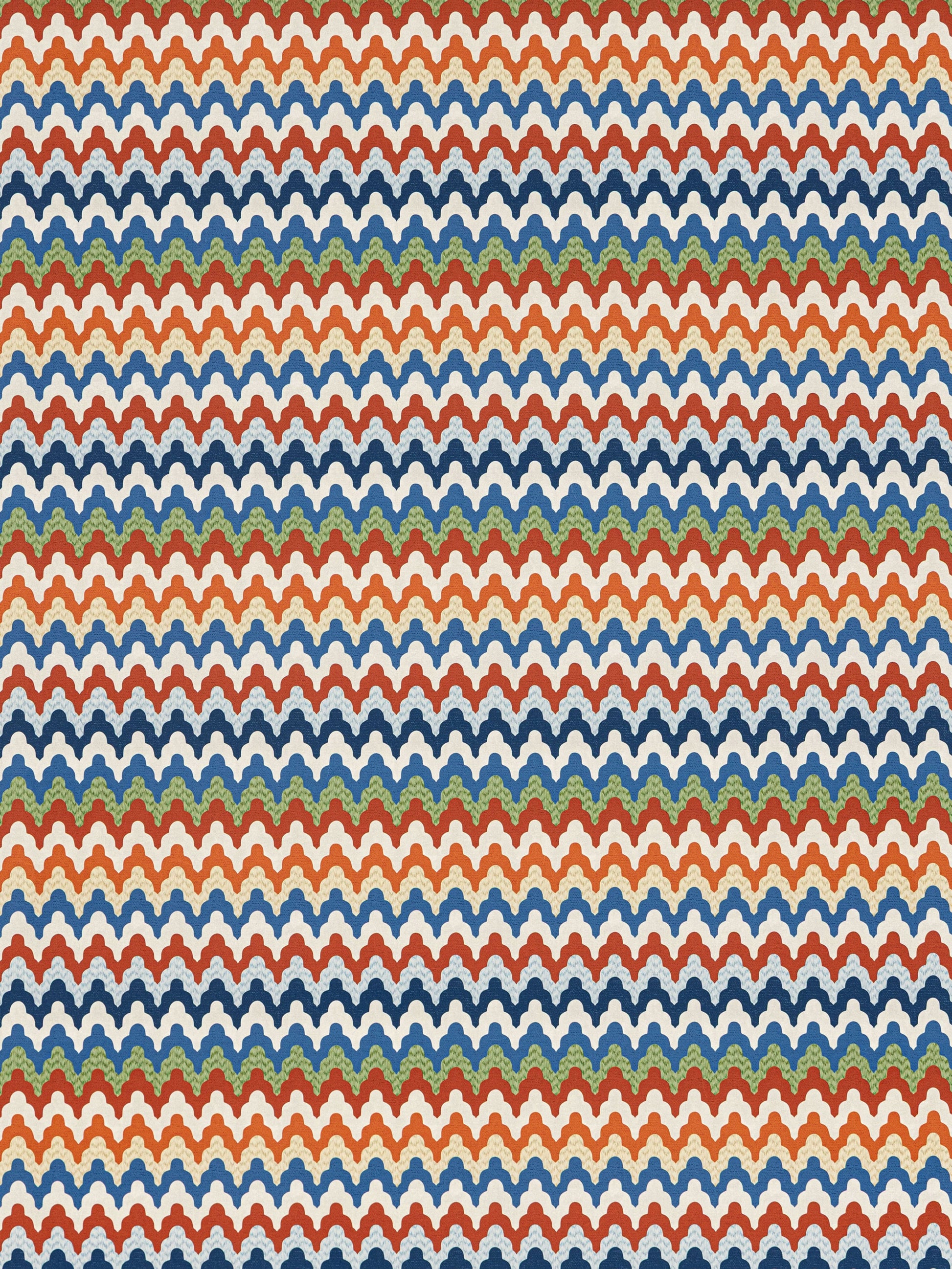 Repeating scalloped chevron pattern in orange, navy, light blue, white & olive green on wallpaper.