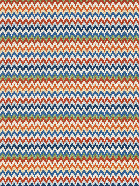 Repeating scalloped chevron pattern in orange, navy, light blue, white & olive green on wallpaper.