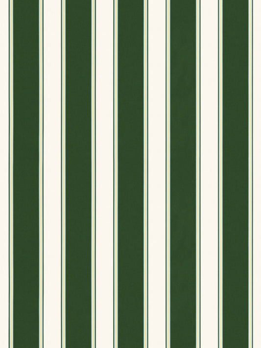 Vertical dark green and ivory striped wallpaper; classic stripe motif.