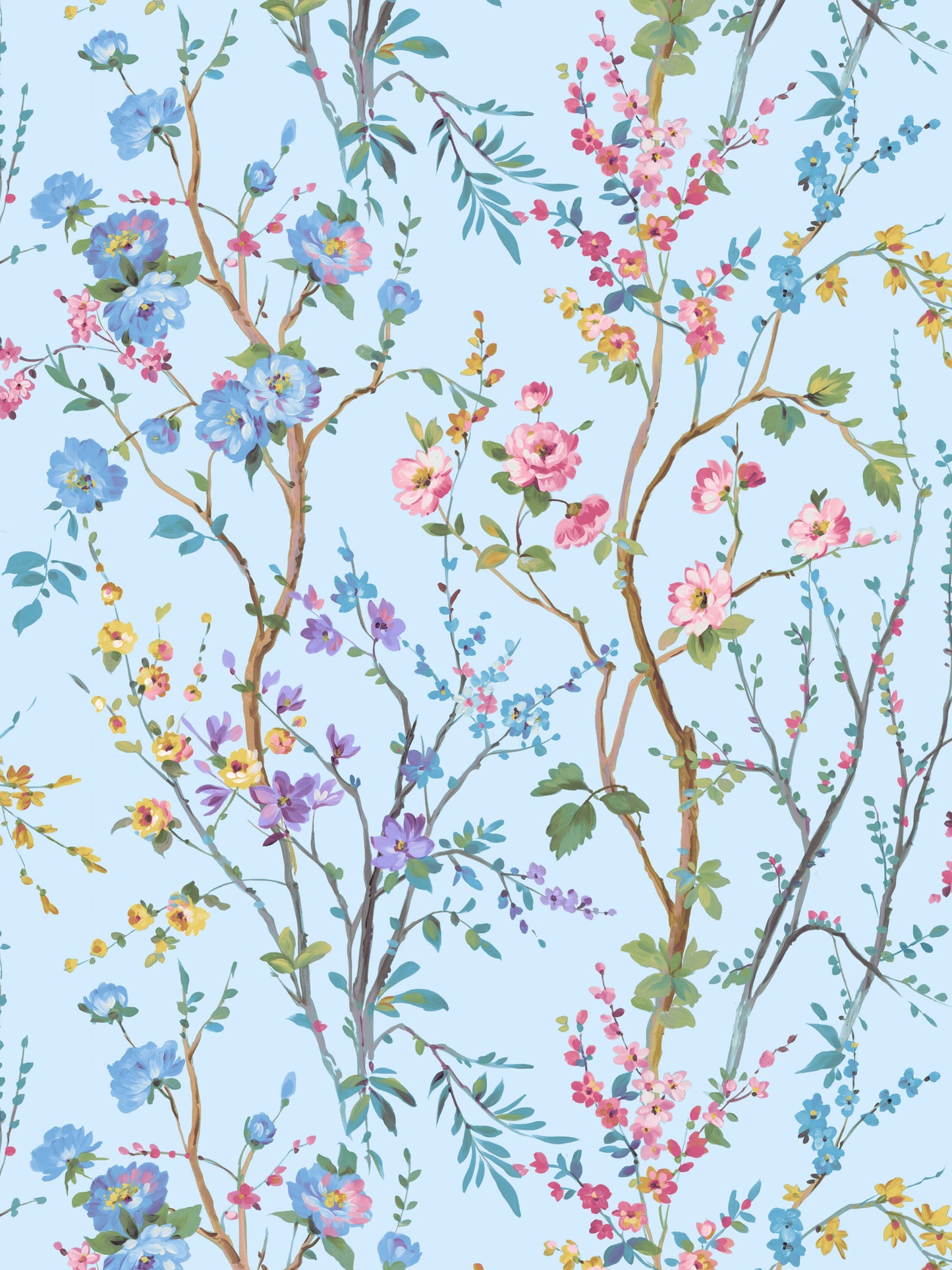 Pastel floral wallpaper: delicate blue, pink & yellow blossoms on pale blue background with twisting branches.