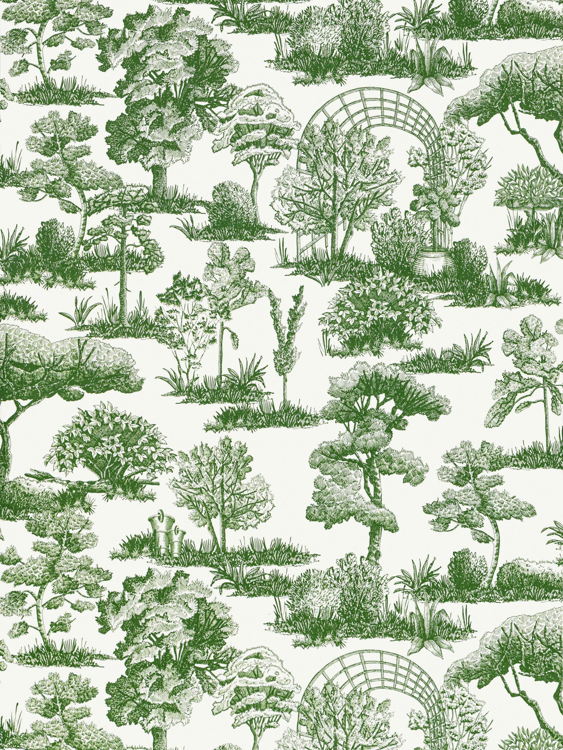 Green and white botanical toile wallpaper with trees, shrubs and an arched garden arbor.