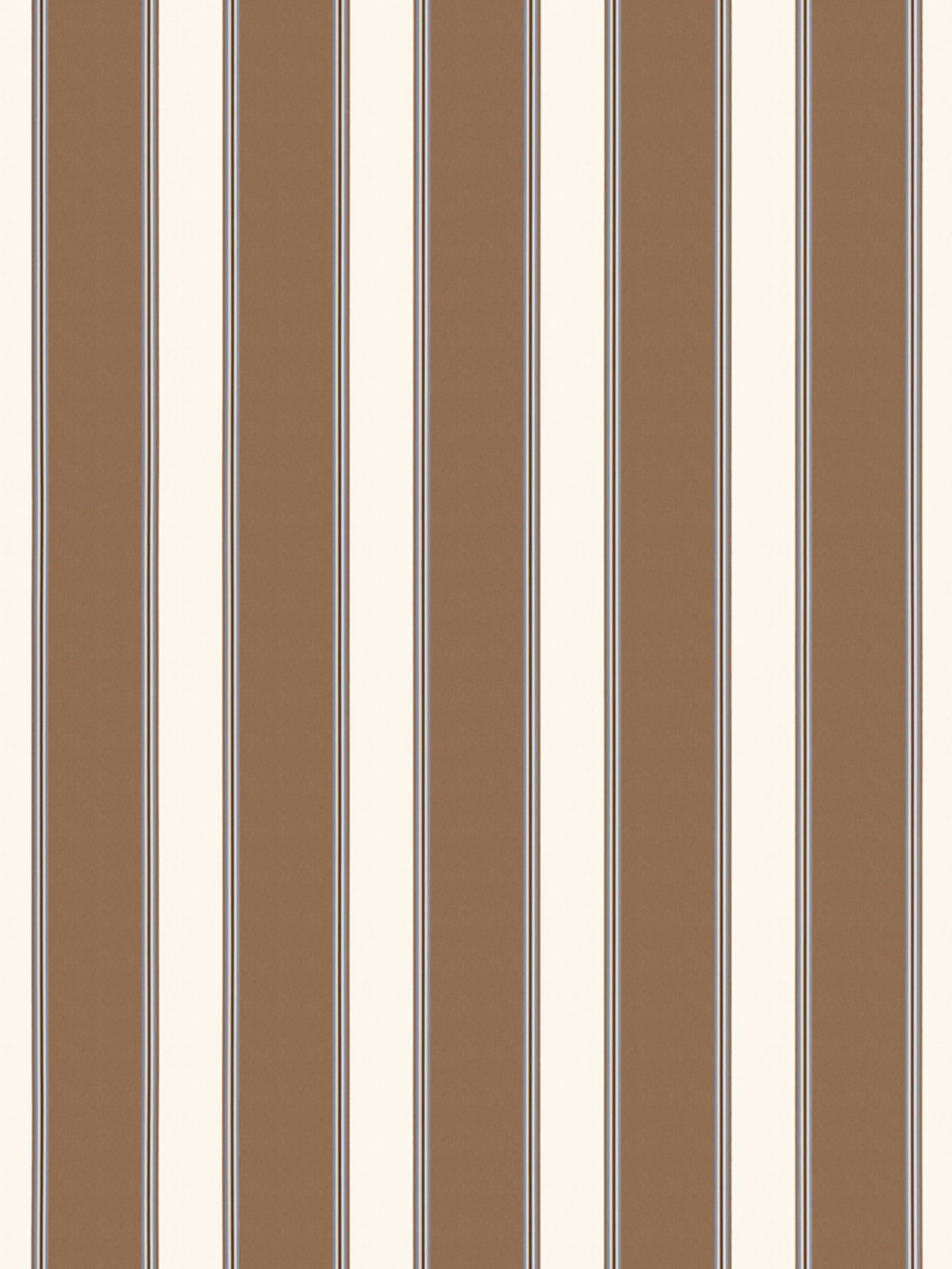 Vertical striped wallpaper in warm brown and ivory with thin dark outlines.