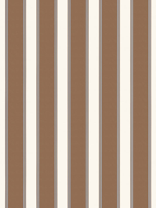 Vertical striped wallpaper in warm brown and ivory with thin dark outlines.