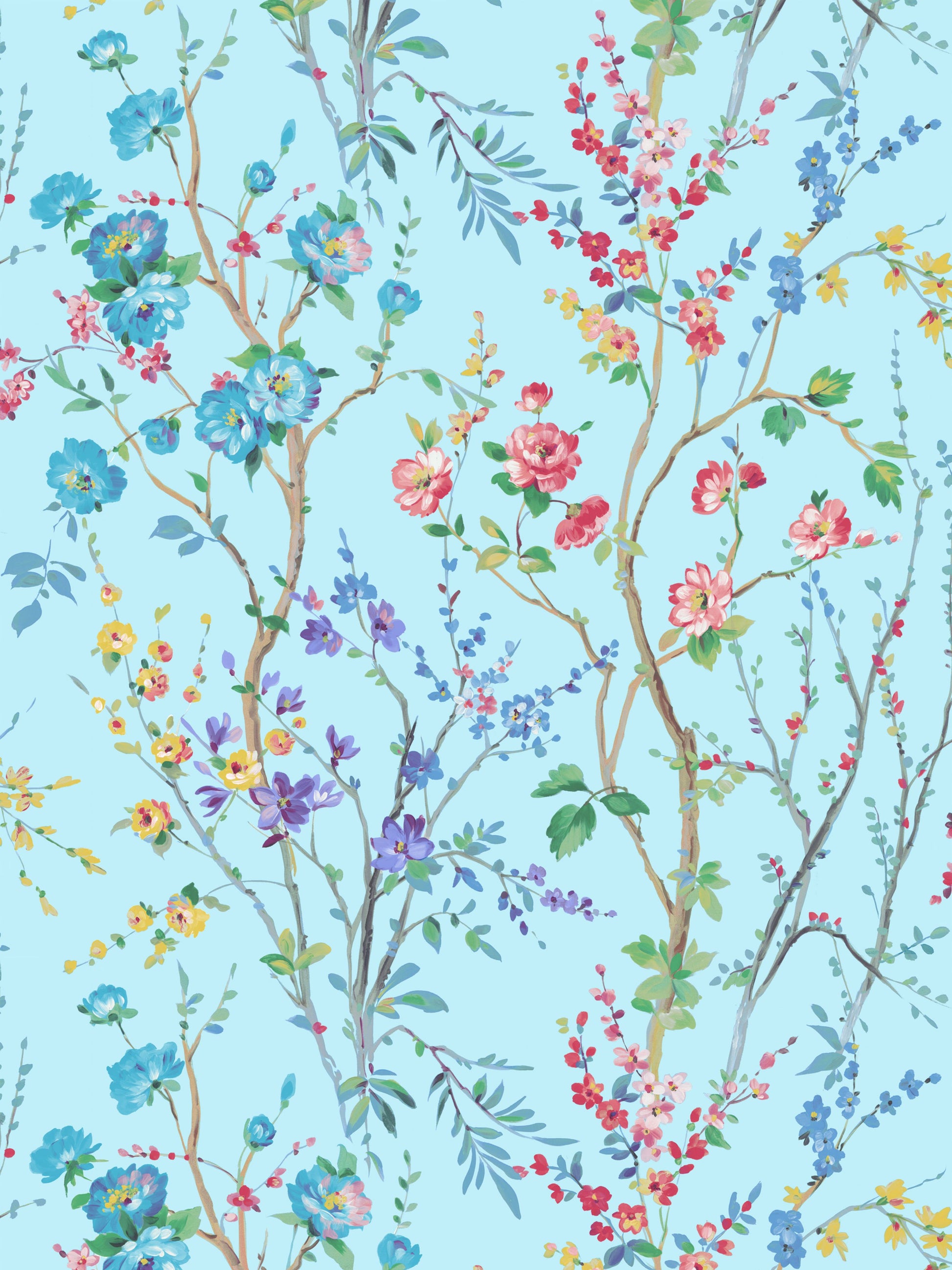 Pastel blue floral wallpaper with pink, blue, and yellow blossoms on twisting branches.