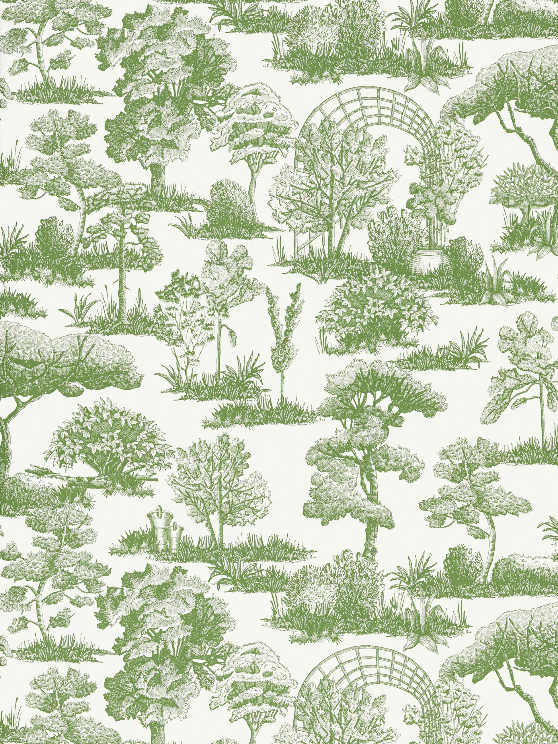 Green toile garden landscape pattern with trees, shrubs and garden arches; classic wallpaper/fabric print.