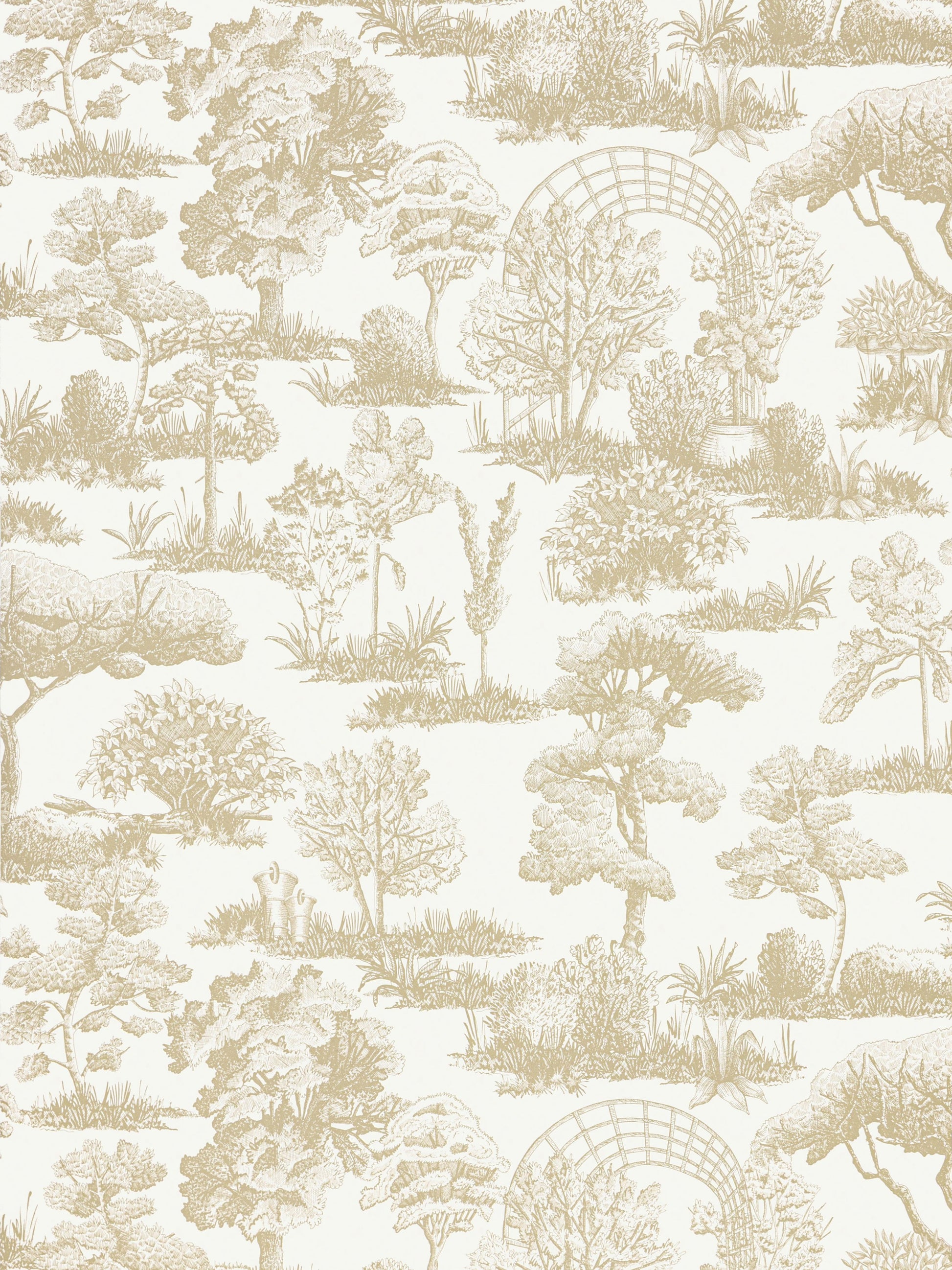 Beige toile pattern featuring trees, shrubs and arched garden trellis on cream background.