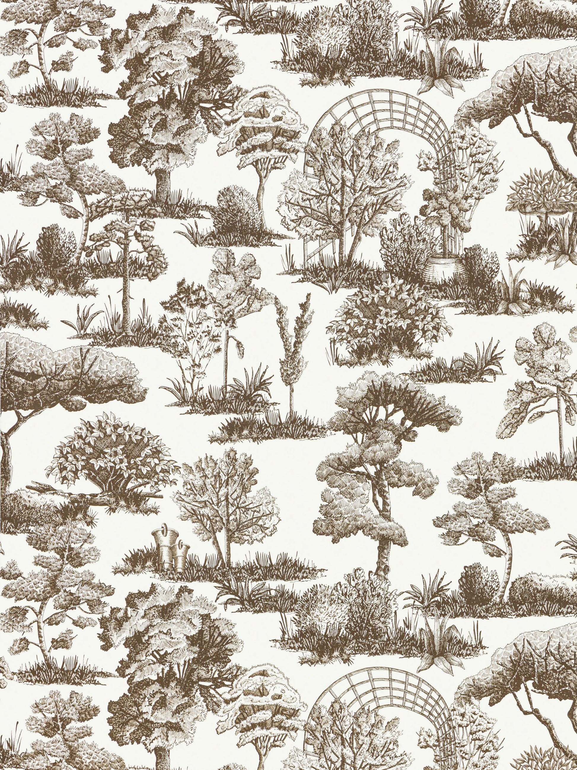 Brown toile landscape wallpaper featuring trees, gardens & arches on cream background.