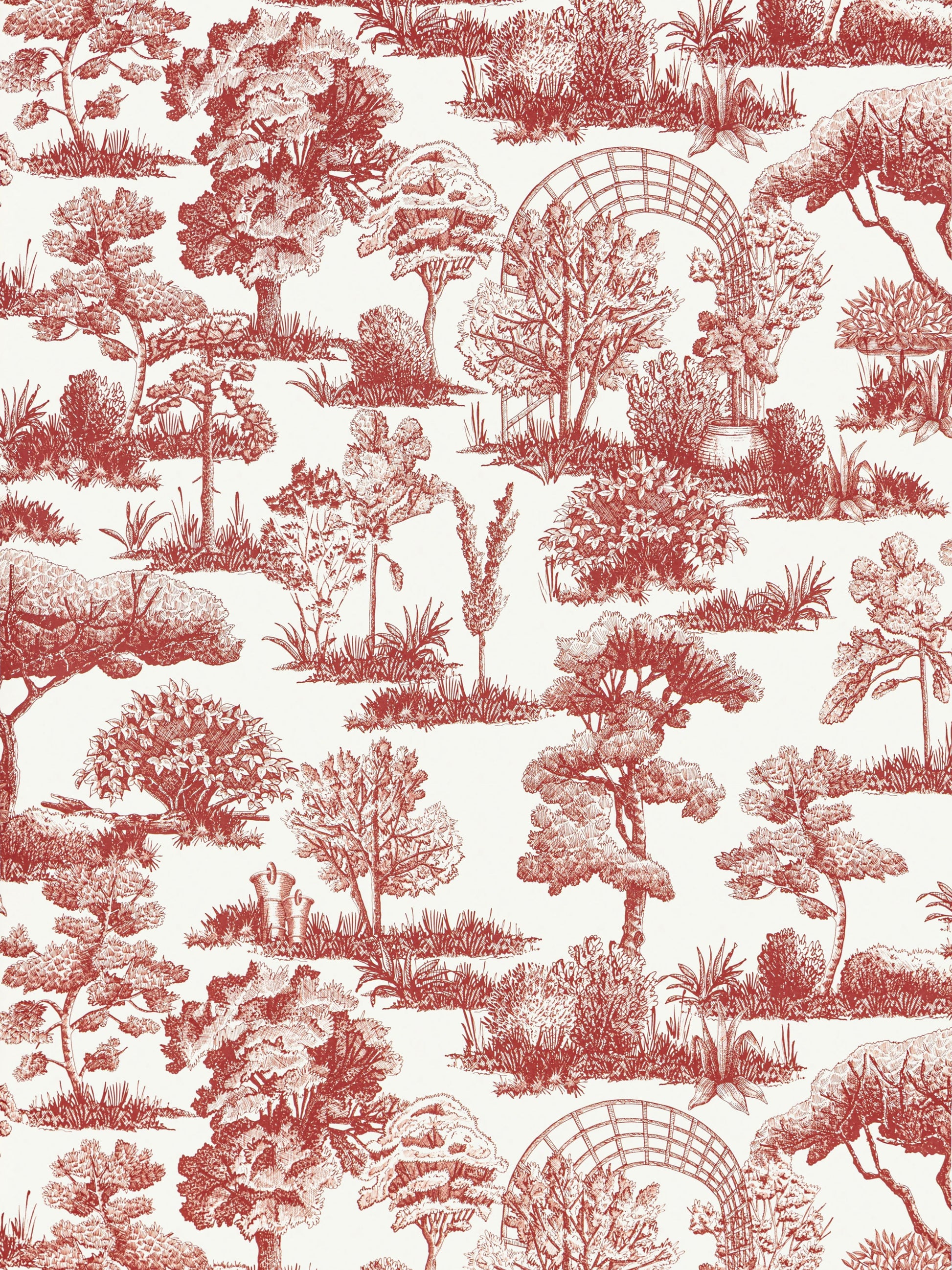 Red toile wallpaper featuring garden landscape scenes, arches and trees on a cream background.