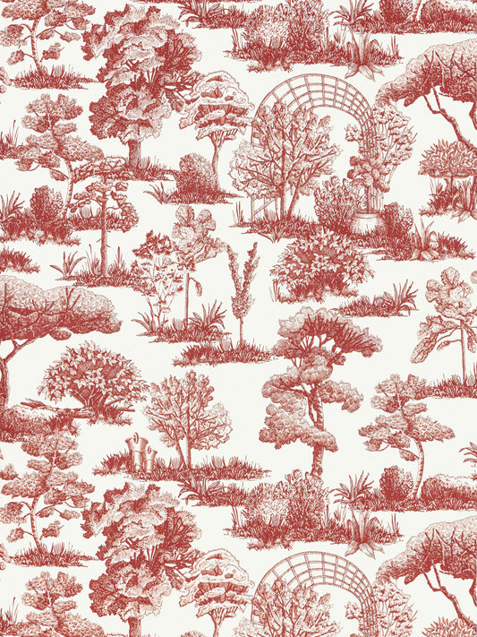Red toile wallpaper featuring garden landscape scenes, arches and trees on a cream background.