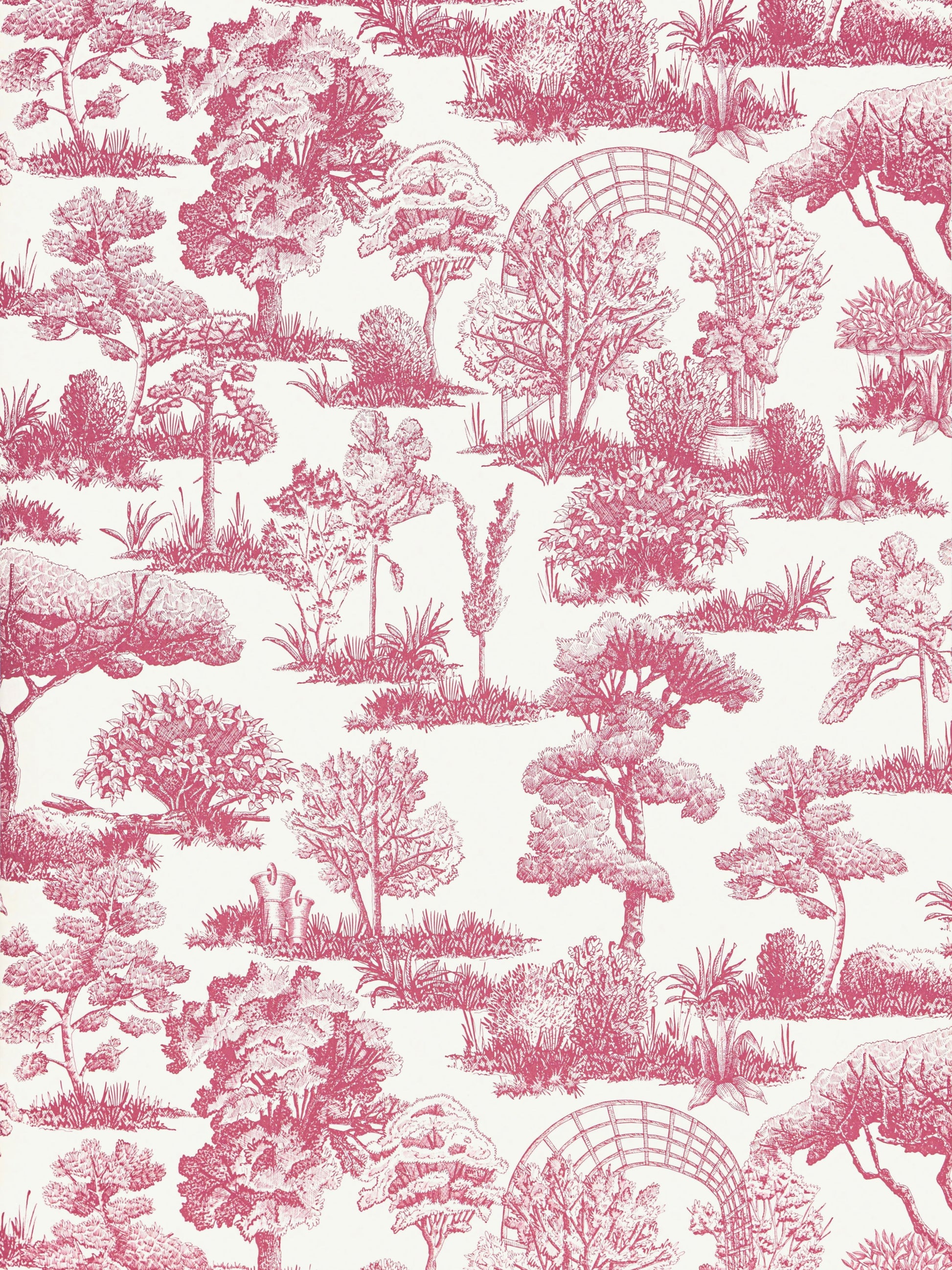 Pink toile garden wallpaper pattern with trees, arches and bridges in a repeating landscape.
