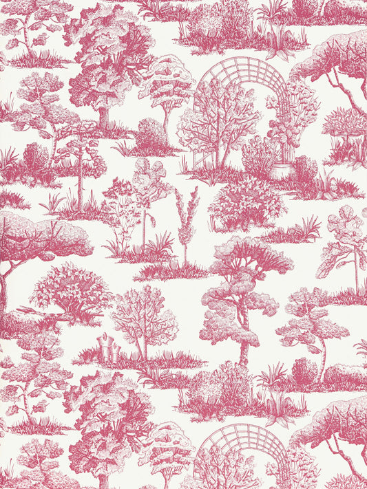 Pink toile garden wallpaper pattern with trees, arches and bridges in a repeating landscape.