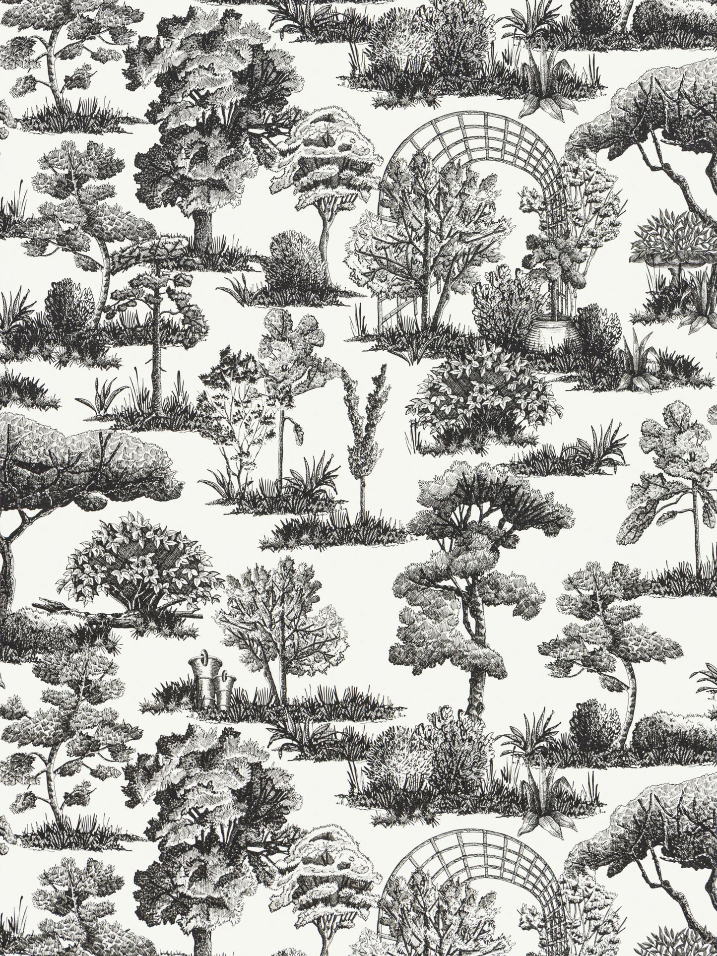 Black-and-white botanical wallpaper with trees, shrubs, and lattice arches in a toile-style garden pattern.