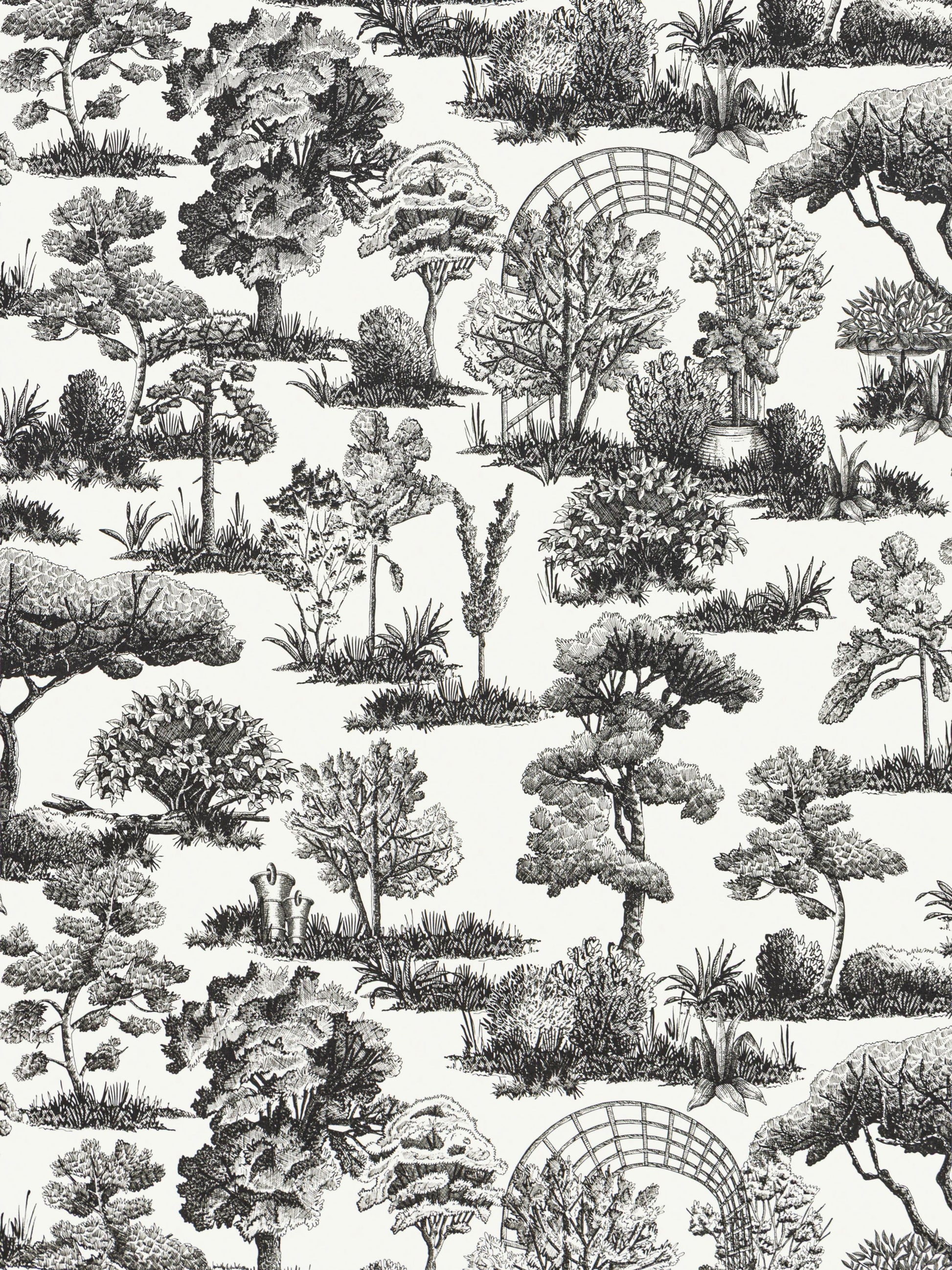 Black-and-white botanical wallpaper with trees, shrubs, and lattice arches in a toile-style garden pattern.