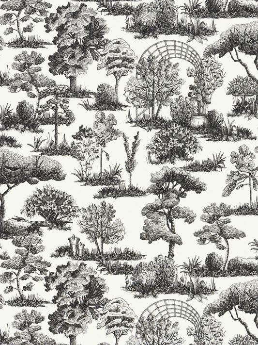 Black-and-white botanical wallpaper with trees, shrubs, and lattice arches in a toile-style garden pattern.