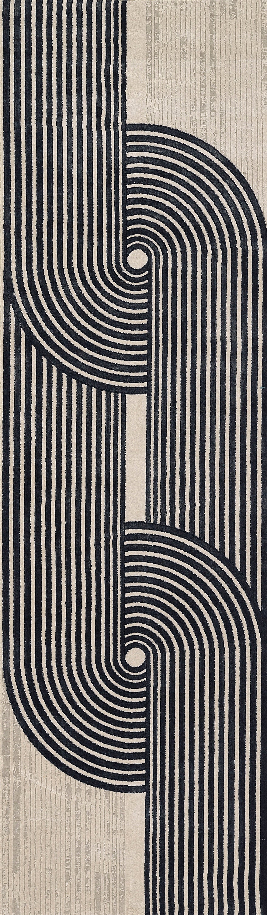 Geometric abstract 2' x 8' rug runner with navy curving lines forming interlocking semicircles on a beige background; modern art.