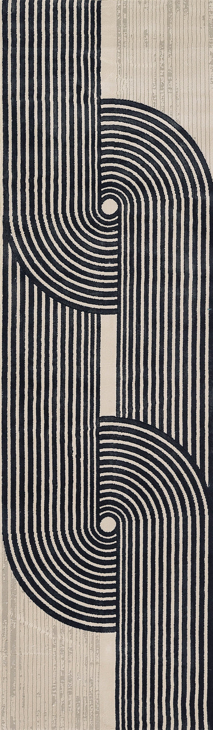 Geometric abstract 2' x 8' rug runner with navy curving lines forming interlocking semicircles on a beige background; modern art.