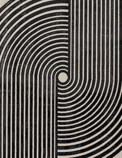 Ivory and black geometric rug with concentric circles and vertical stripes; 2' x 8' runner.