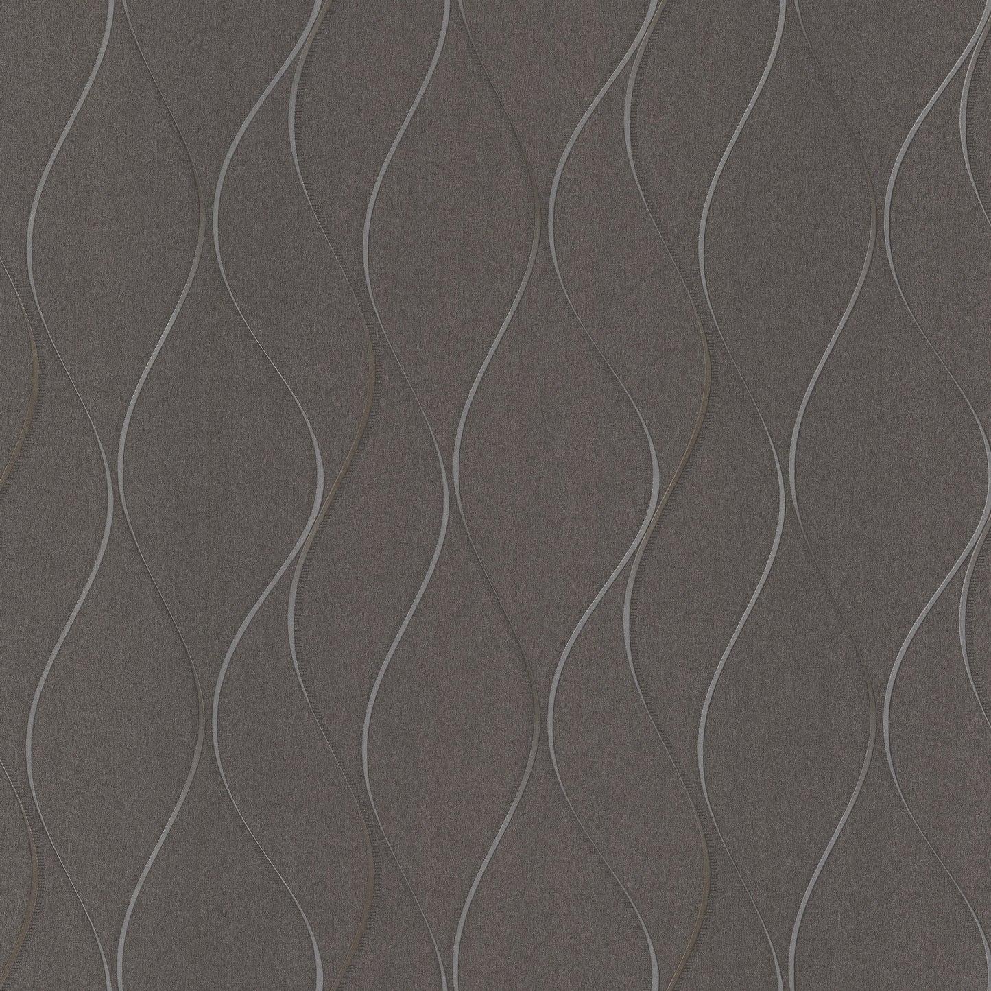 Black metallic wallpaper with slender, curving silver lines forming a vertical wavy stripe pattern.