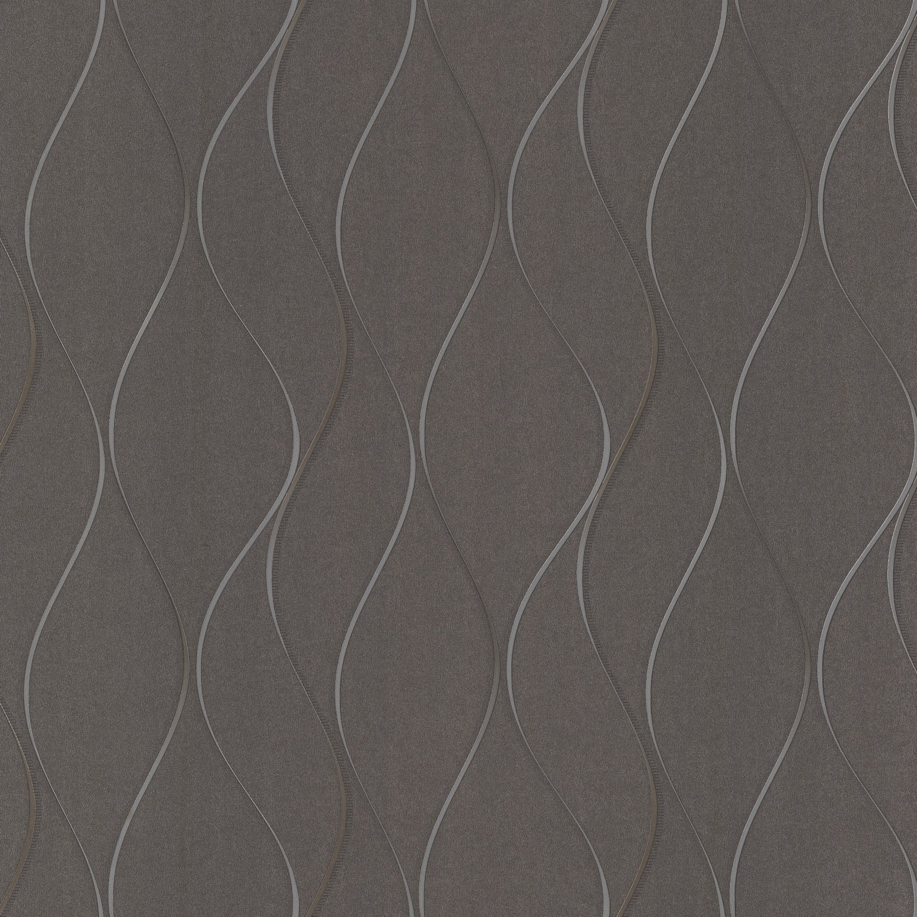 Black metallic wallpaper with slender, curving silver lines forming a vertical wavy stripe pattern.