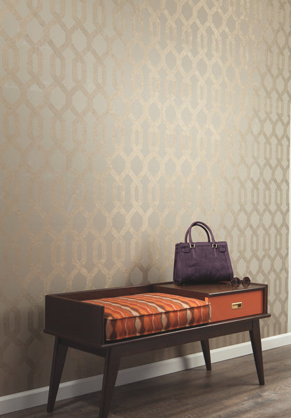 Mid-century espresso wood bench with orange striped cushion, side drawer, purple handbag, against black trellis wallpaper.