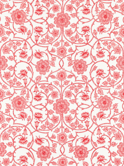 Pink-red floral damask pattern with scrolling vines and blossoms on white; ornamental gate fabric Petal.