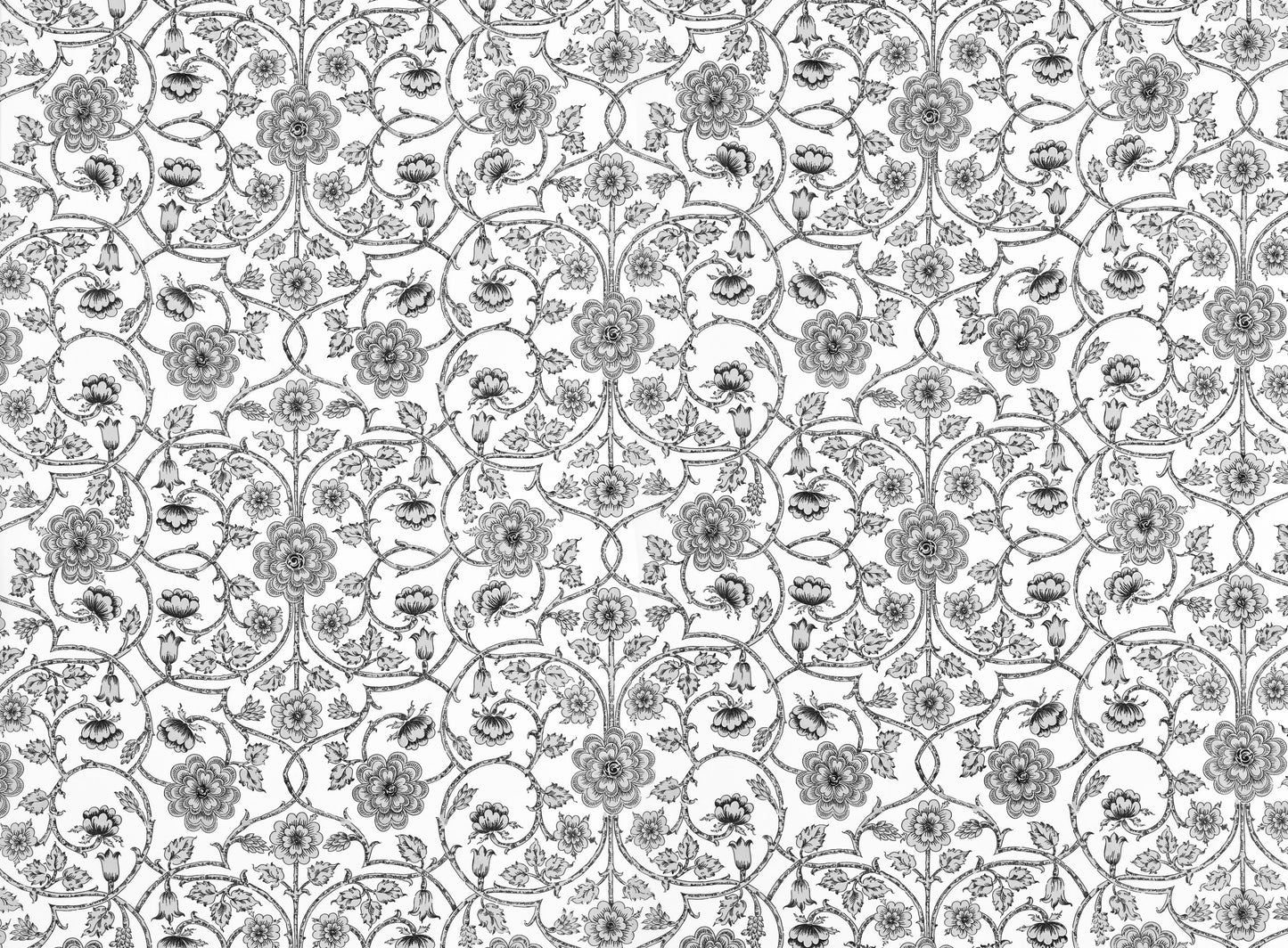 Monochrome damask floral pattern with scrolling vines and ornate flowers in black, gray and white.