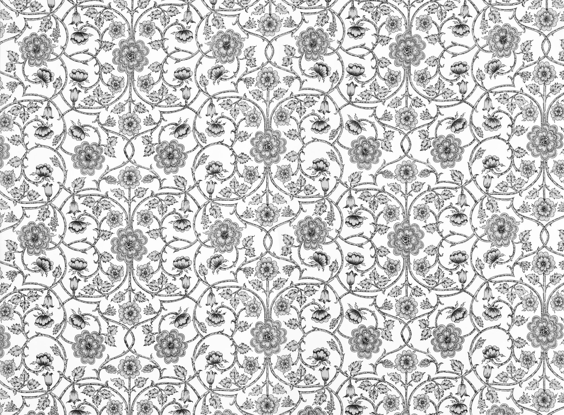 Monochrome damask floral pattern with scrolling vines and ornate flowers in black, gray and white.