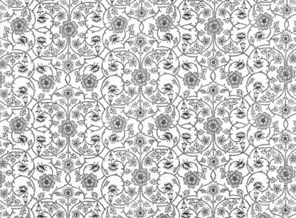 Monochrome damask floral pattern with scrolling vines and ornate flowers in black, gray and white.