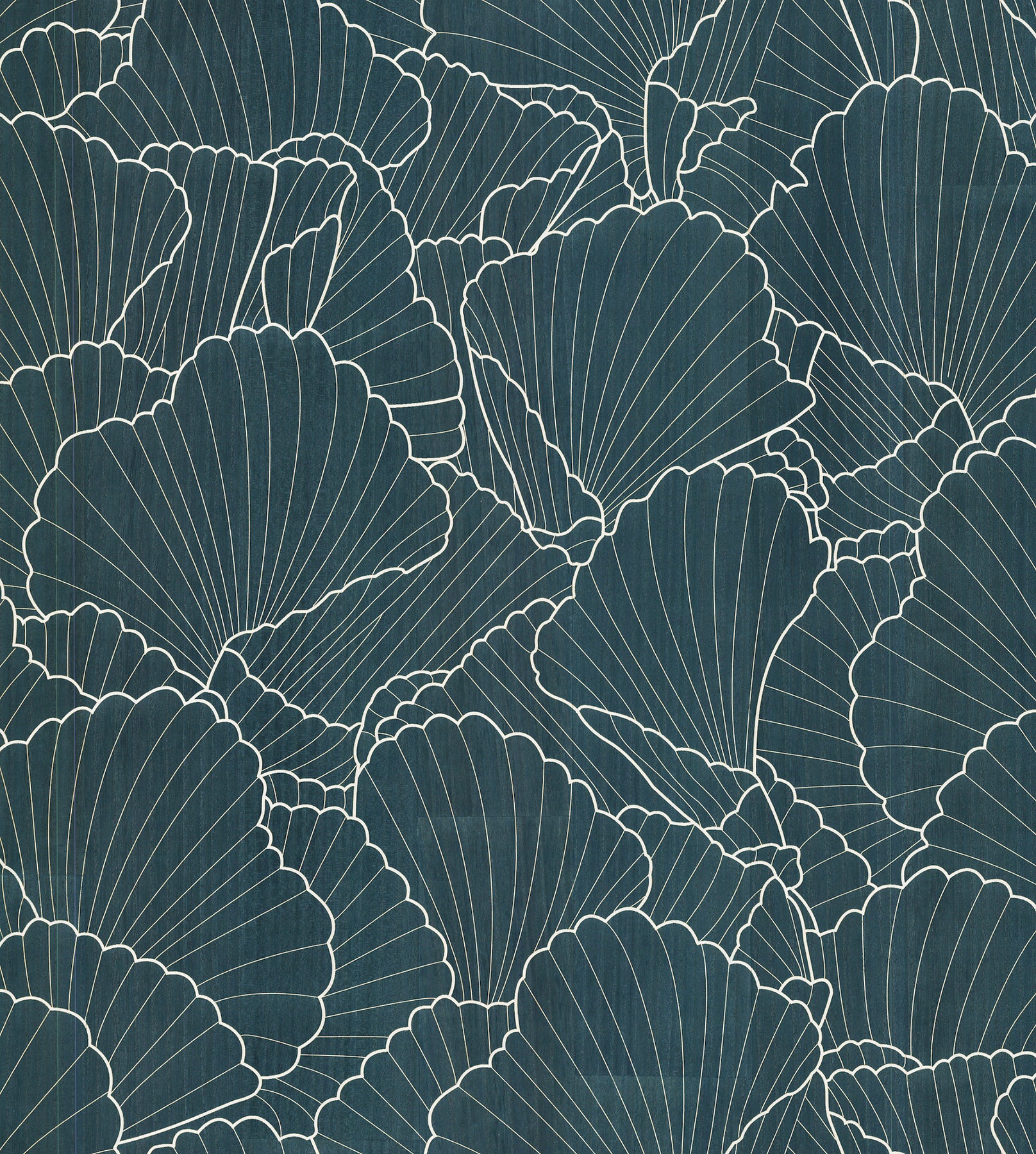 Teal overlapping scallop shells with cream rib outlines; seamless wallpaper design.
