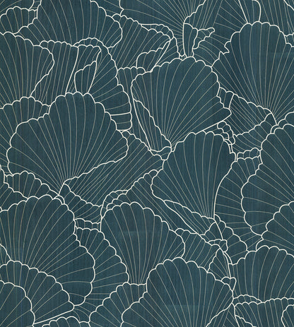 Teal overlapping scallop shells with cream rib outlines; seamless wallpaper design.