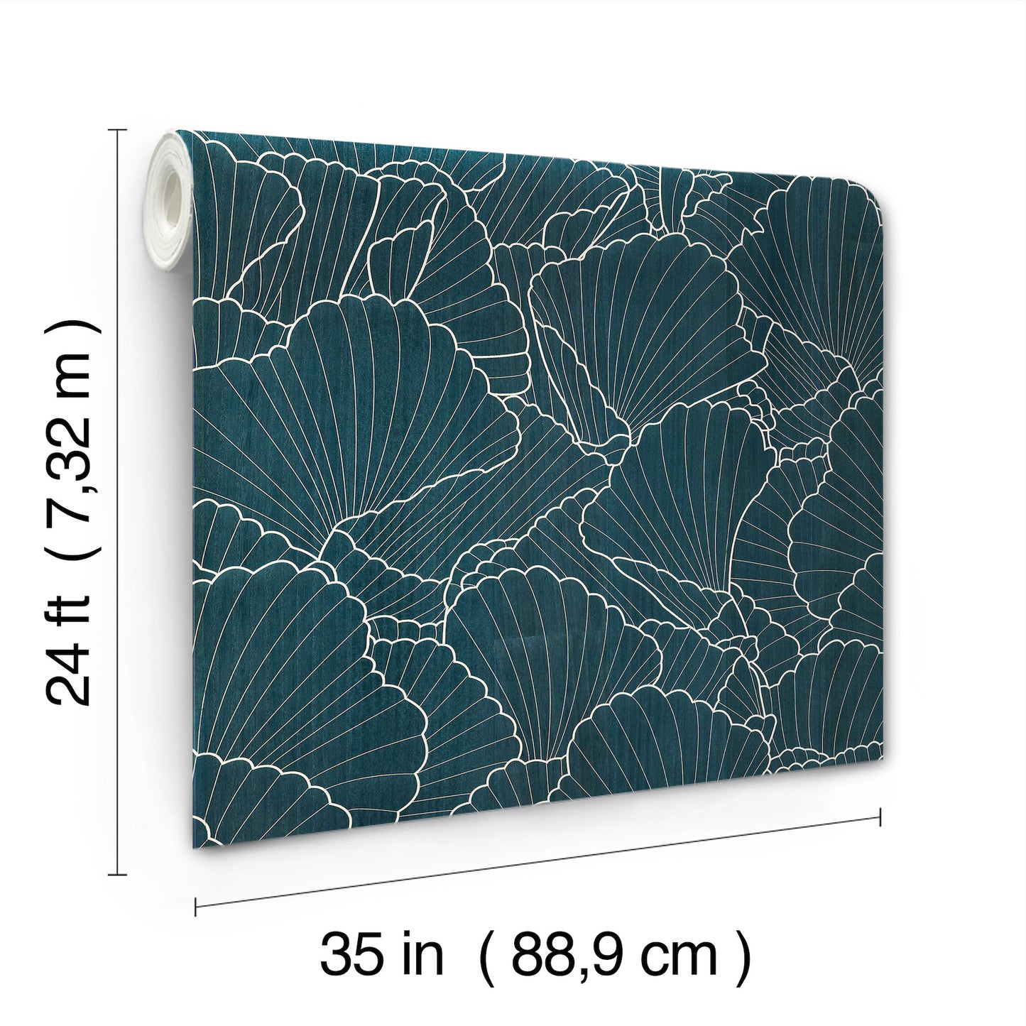 Teal wallpaper roll with white-outlined ginkgo leaf pattern; 24 ft long, 35 in wide.