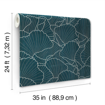 Teal wallpaper roll with white-outlined ginkgo leaf pattern; 24 ft long, 35 in wide.