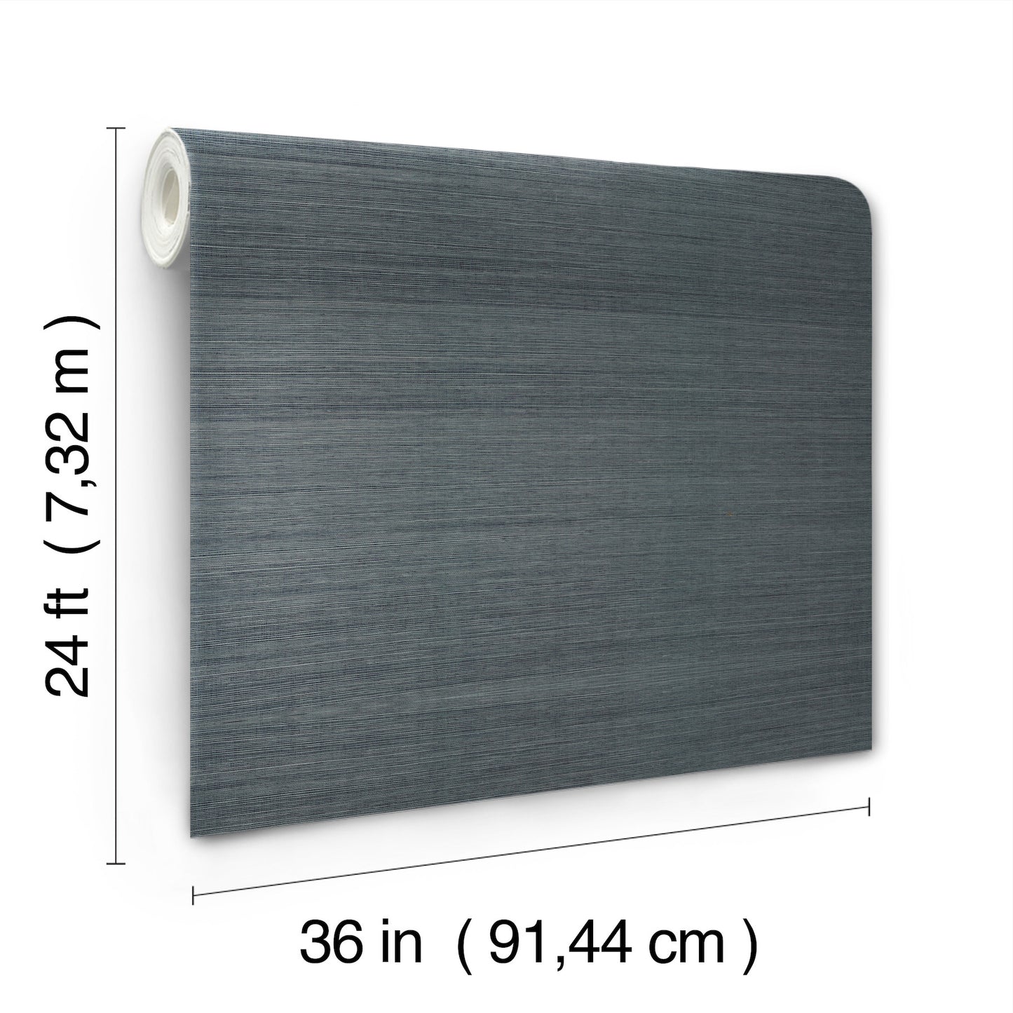 Grey textured grasscloth wallpaper on a roll, 36 in wide by 24 ft long, white core.