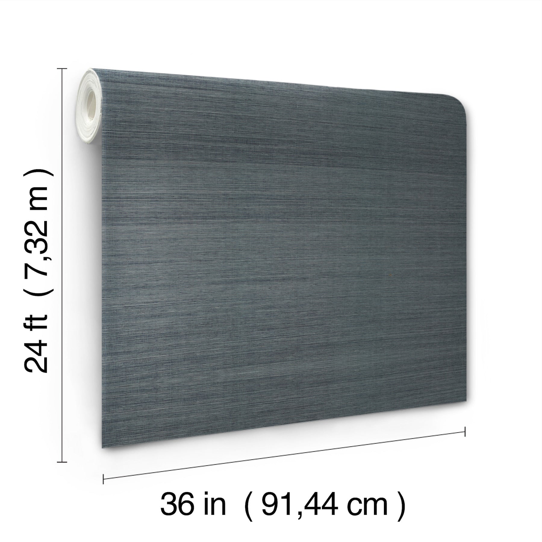 Grey textured grasscloth wallpaper on a roll, 36 in wide by 24 ft long, white core.
